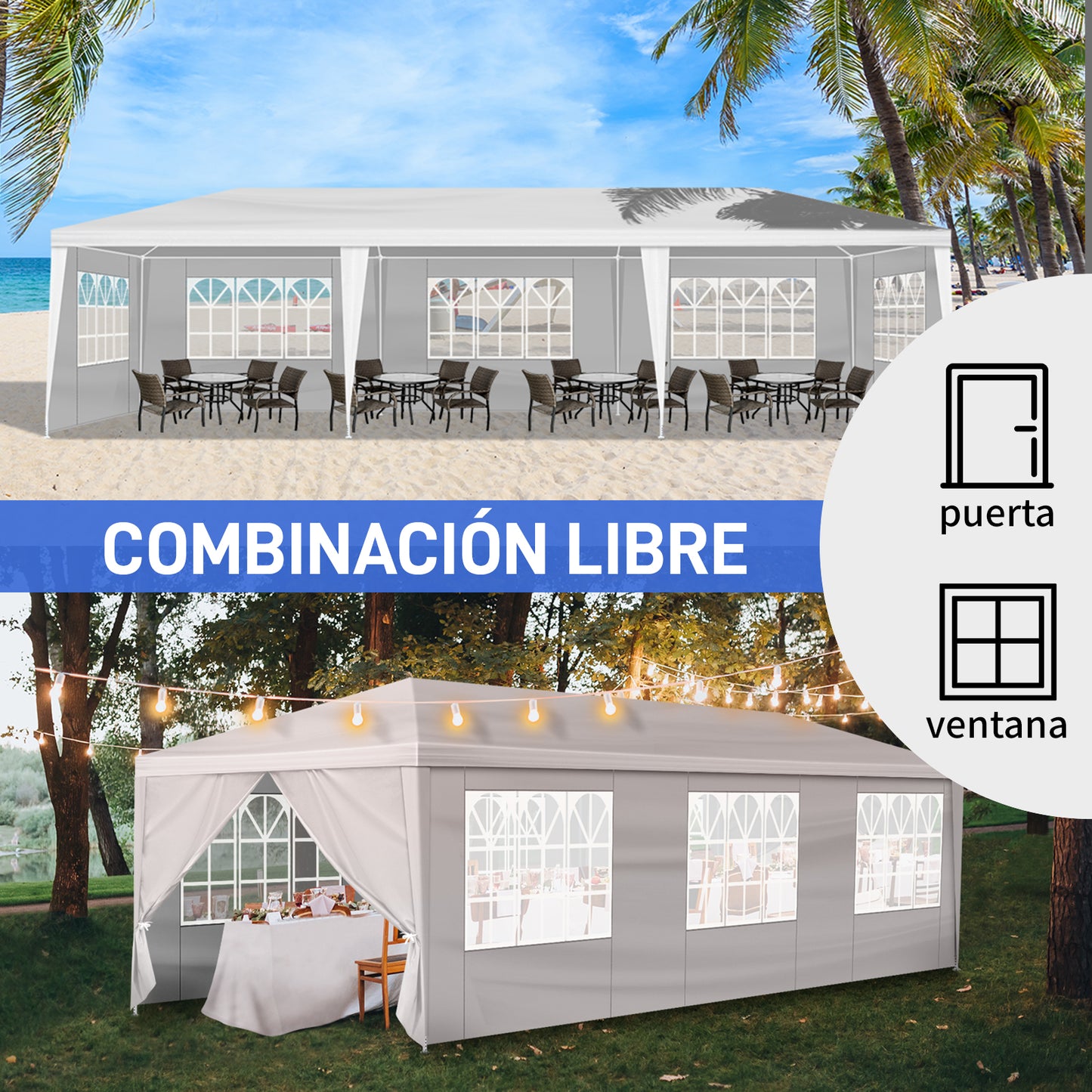 10'x30' Outdoor Party Tent with 8 Removable Sidewalls, Waterproof Canopy Patio Wedding Gazebo, White