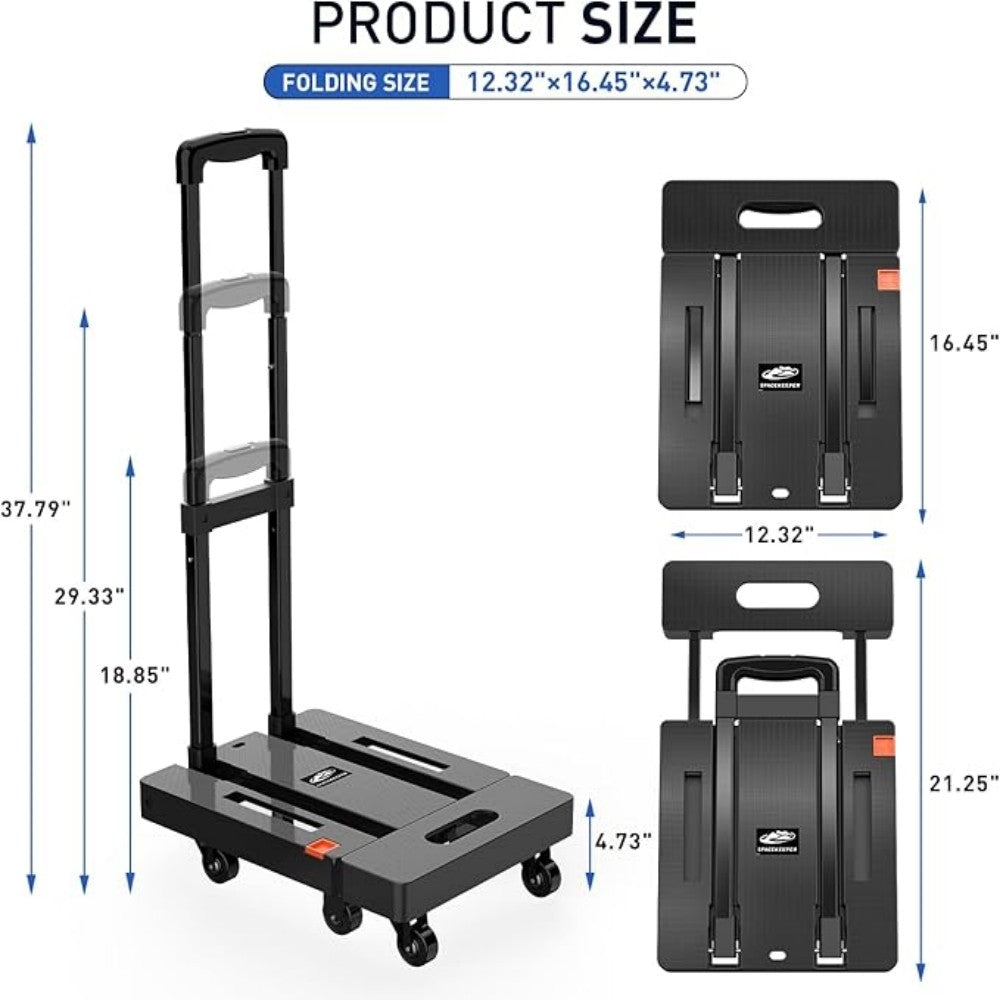 SPACEKEEPER Heavy-Duty Folding Hand Trolley - 227KG Capacity with 6 Wheels & Elastic Ropes