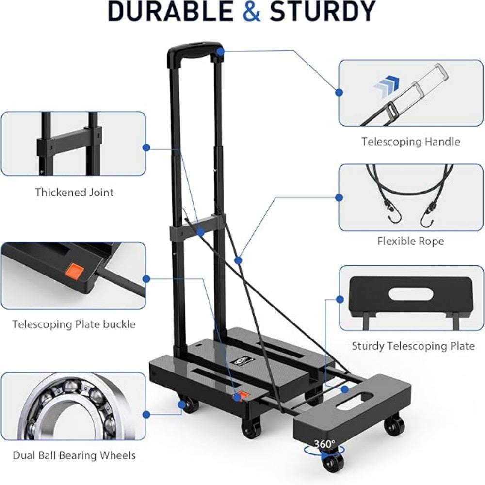 SPACEKEEPER Heavy-Duty Folding Hand Trolley - 227KG Capacity with 6 Wheels & Elastic Ropes