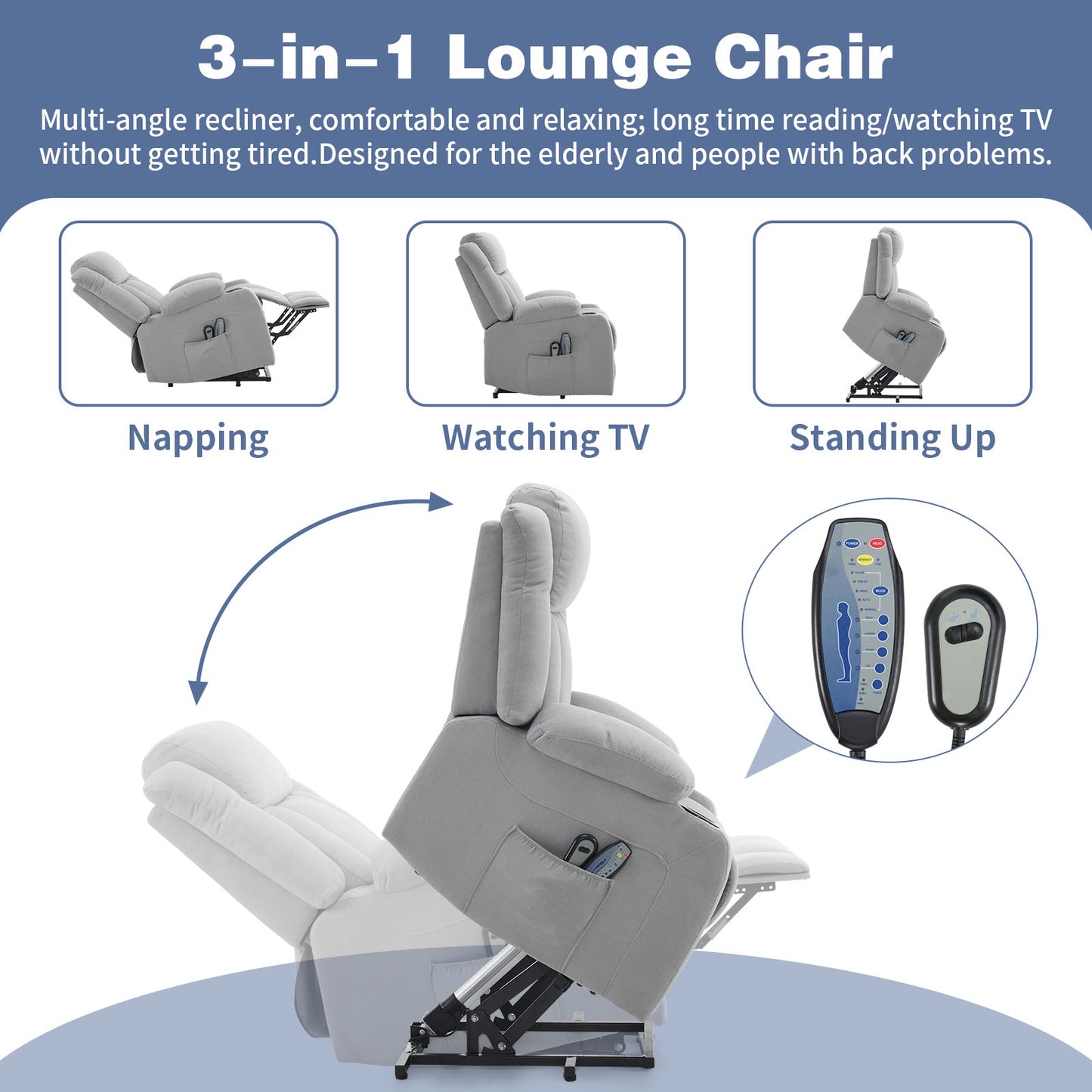 Grey Fabric Electric Elderly Chair with 8-Point Massage & Heating - Supports Up to 120kg - Perfect Indoor Relaxation Solution