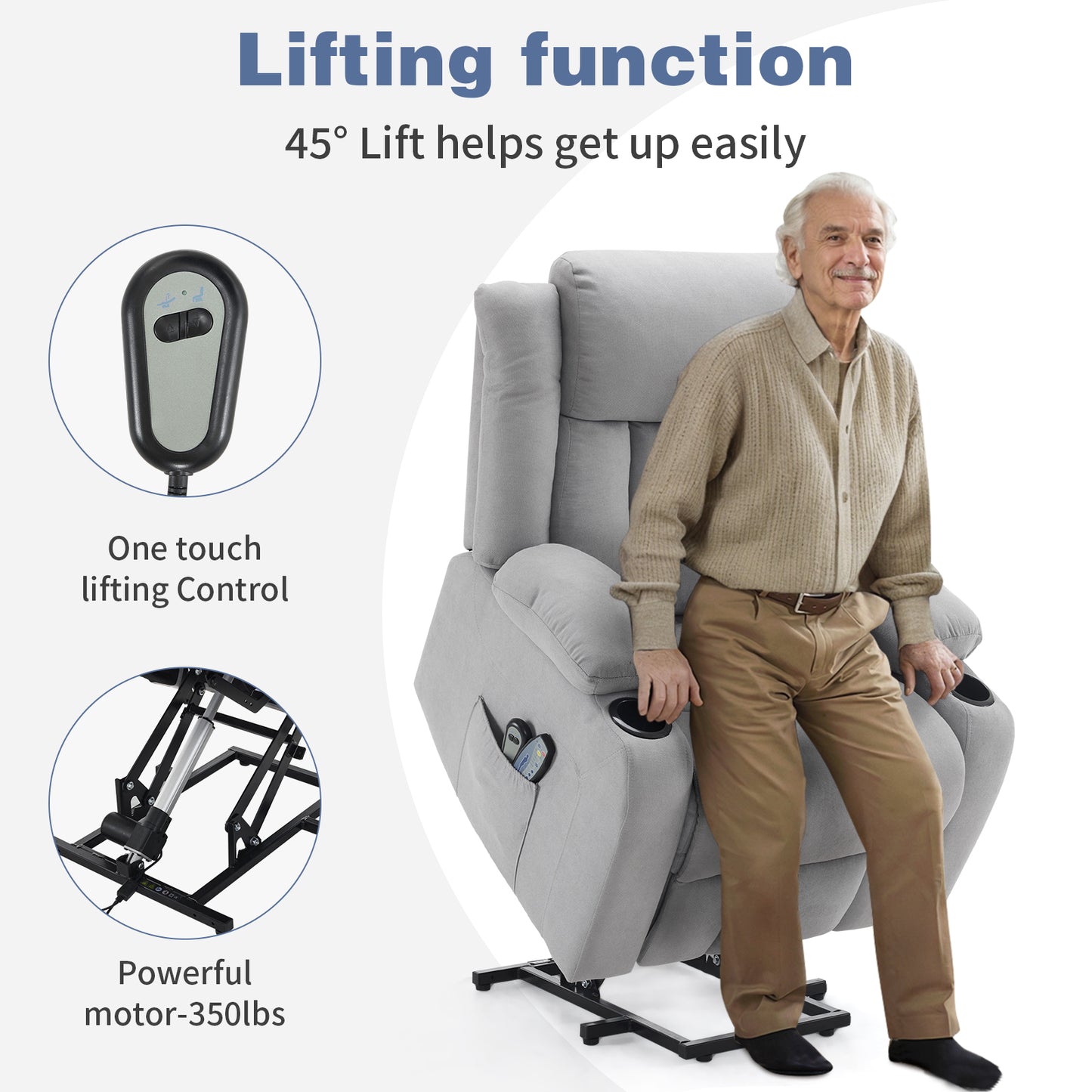Grey Fabric Electric Elderly Chair with 8-Point Massage & Heating - Supports Up to 120kg - Perfect Indoor Relaxation Solution