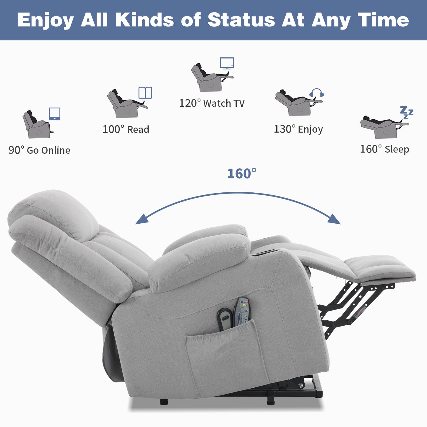 Grey Fabric Electric Elderly Chair with 8-Point Massage & Heating - Supports Up to 120kg - Perfect Indoor Relaxation Solution