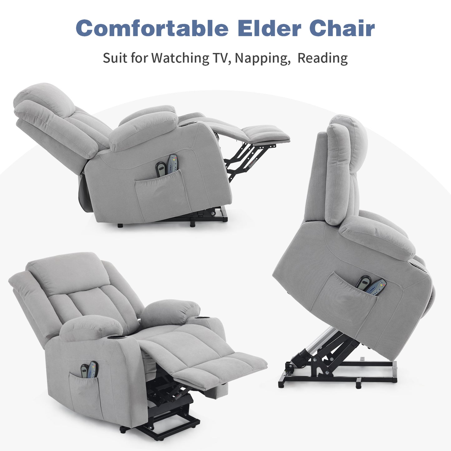 Grey Fabric Electric Elderly Chair with 8-Point Massage & Heating - Supports Up to 120kg - Perfect Indoor Relaxation Solution
