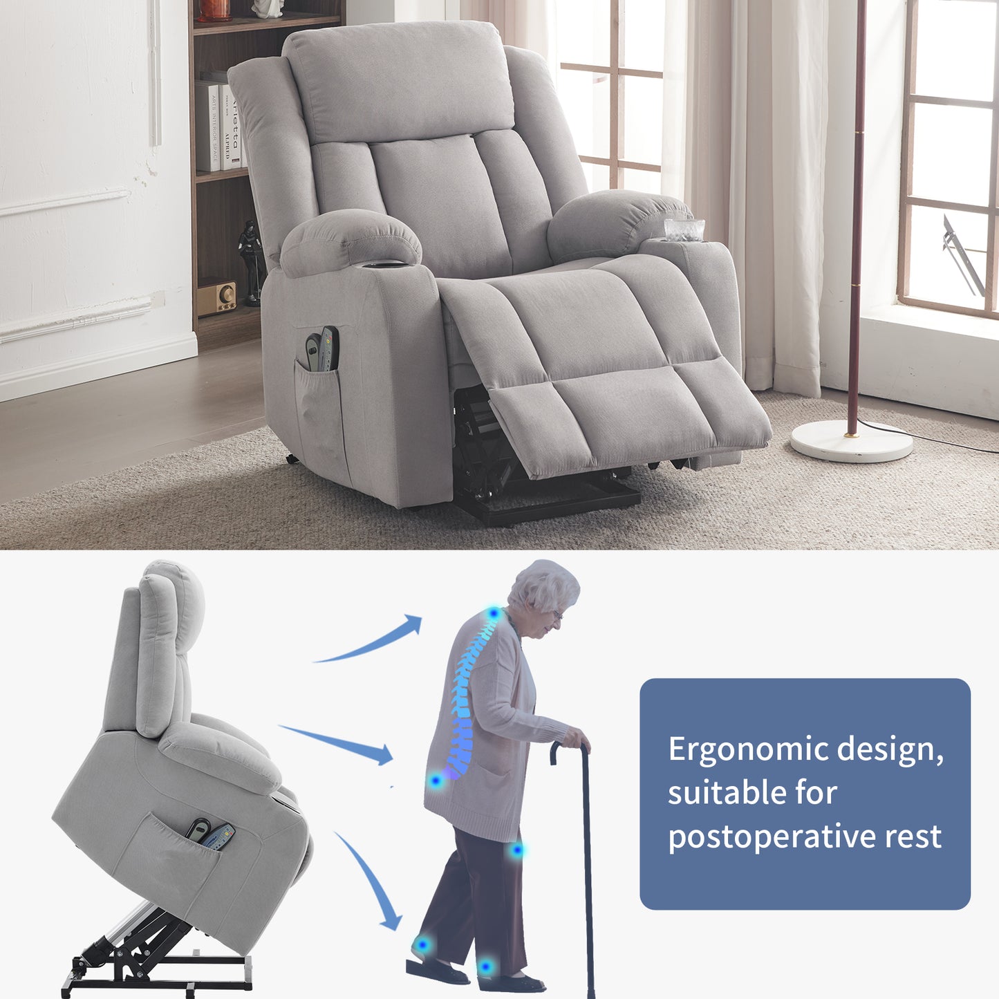 Grey Fabric Electric Elderly Chair with 8-Point Massage & Heating - Supports Up to 120kg - Perfect Indoor Relaxation Solution
